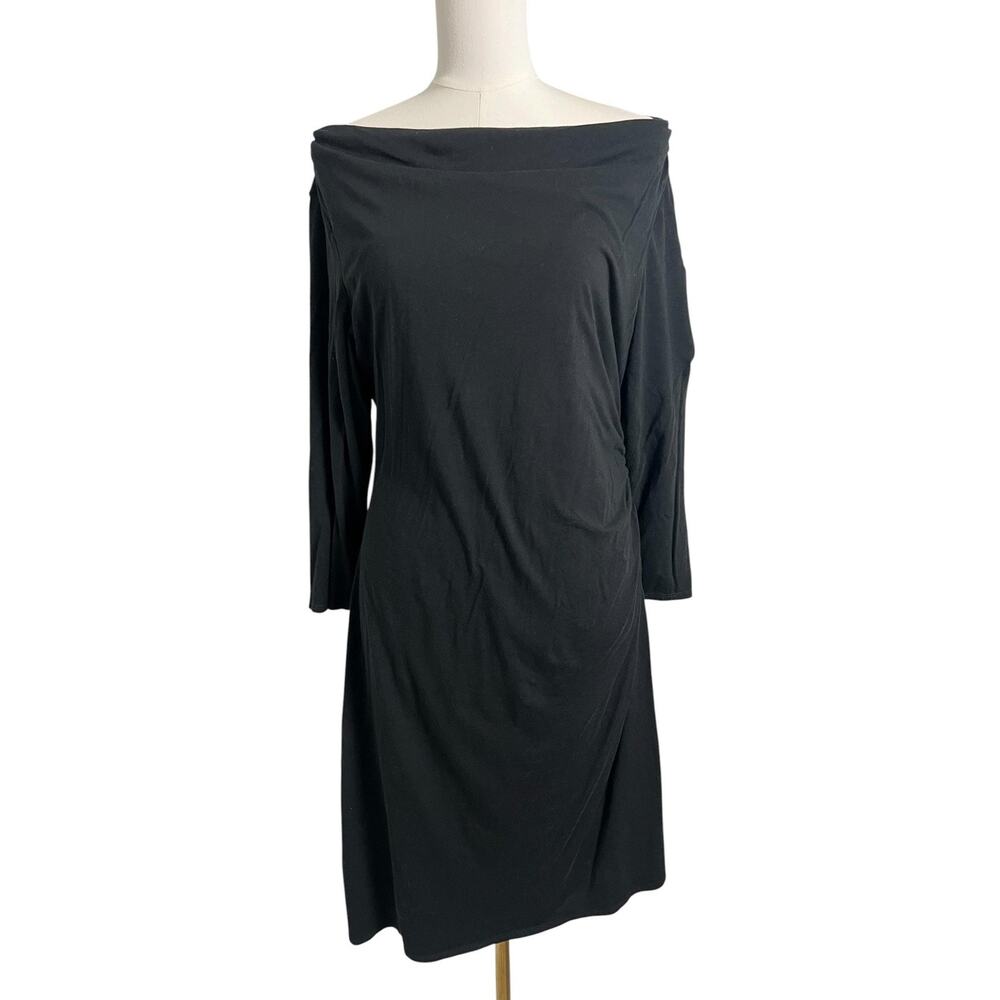 Patagonia Black Off Shoulder Dress XL Ruched Stretch Travel Casual Midi